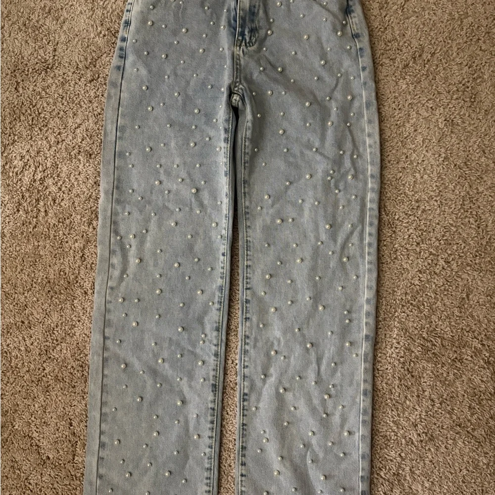 Light Blue Pearl-Embellished Women’s Jeans